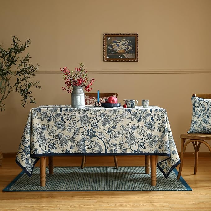 French Floral Tablecloth for Square Tables,Linen Table Cloth with Blue Flowers Pattern,Heavy Durable Table Cover for Dining Kitchen Decor Party Banquet Christmas,67"*67"