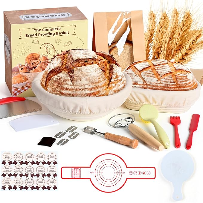 Sourdough Starter Kit, 9" Round and 10" Oval Banneton Bread Proofing Basket, Sourdough Bread Baking Supplies for Home and Kitchen, Sourdough Kit, Sour Dough Starter Kits.