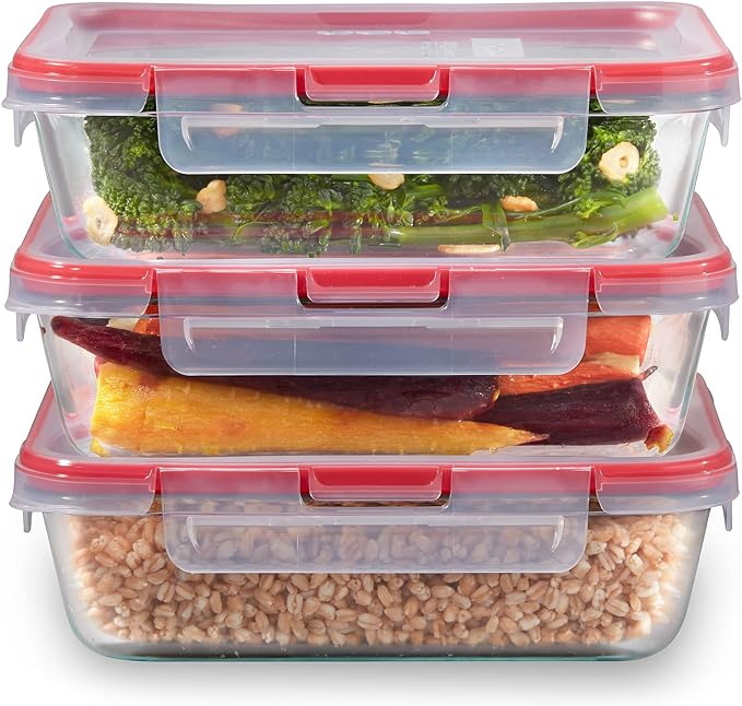 Pyrex Freshlock (3-Pack, 6 Cup) Glass Food Storage Containers Set, Airtight & Leakproof Locking Lids BPA-Free, Meal Prep Containers Set, Freezer Dishwasher Microwave Safe