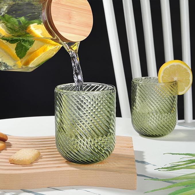 Joeyan Vintage Small Drinking Glasses,Green Ribbed Embossed Colored Water Glasses Tumbler Cups,Glassware for Beverages Cocktail Whisky Beer Juice,9 oz,Set of 4,Dishwasher Safe