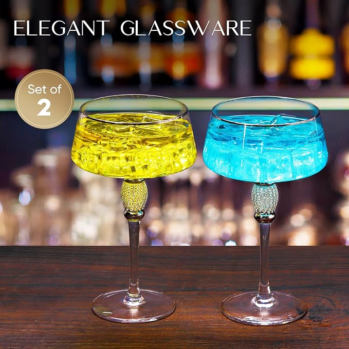Silver Martini Glasses,Coupe Glass set of 2,Cocktail Glasses,Silver Rimmed&Rhinestones,Margarita Glasses,Champagne Tower,Scocktail Glass,Art Deco Glassware,Home Parties,9OZ.