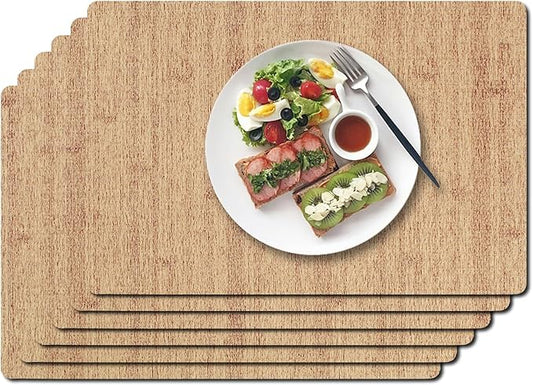 Vinyl Placemats Set of 6-12×17.7 Inch Waterproof & Heattable Placemats, Fall Faux Leather Wipeable Outdoor Table Mat for Dining, Kitchen, Indoor Outdoor Use (Brown, Wood Grain)