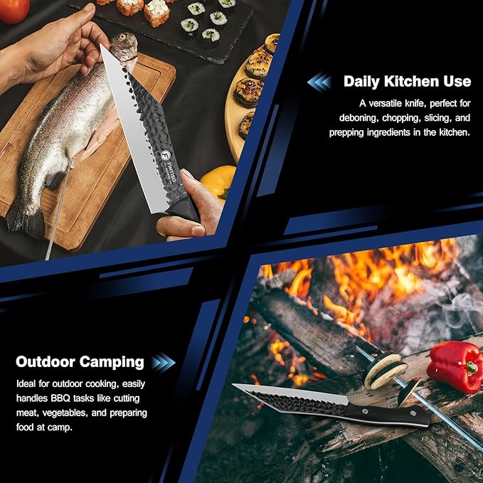 FINTISO Chef Knife 7 inch Kitchen Knife Japanese Style Boning Knife for Meat Cutting Sharp Viking Knife with Full Tang G10 Handle Butcher Knife for Home, Camping, BBQ