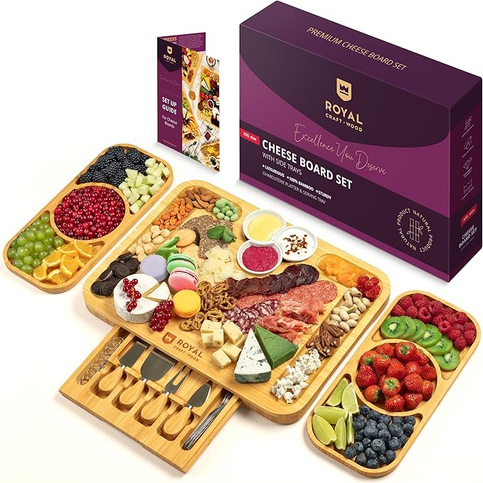 ROYAL CRAFT WOOD Bamboo Cheese Board and Knife Set with Charcuterie Board & Serving Tray with Appetizer Plates & Side Trays (17.5 x 13)