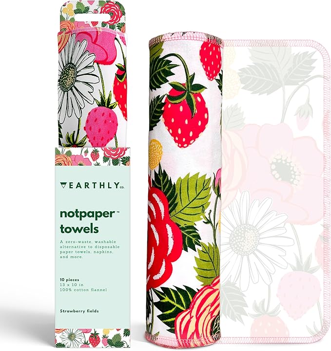 Reusable Paper Towels - 10 Pack - Roll of Washable Cotton Cloth Paper Towels - Paperless Reusable Napkins Cloth Washable - Absorbent + Long Lasting - Zero Waste Products - (Strawberry)