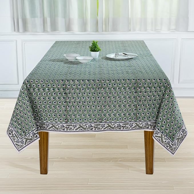 Ridhi Basil Green 60x60 Inches Square 100% Cotton Hand Block Print Tablecloth Washable Halloween Thanksgiving/Christmas Parties/Wedding Use,Fall décor Farmhouse Dining Dinner Tablecloth