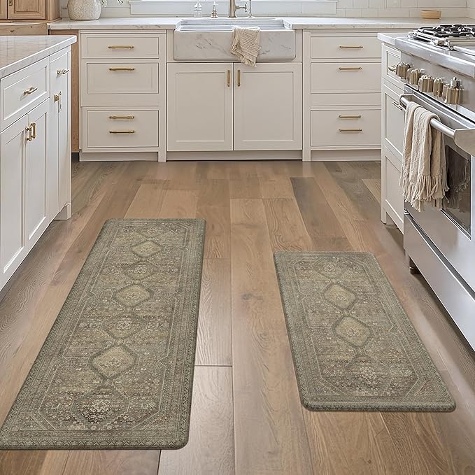 GENIMO Kitchen Mats for Floor 2PCs, Washable Anti Fatigue Mat for Cushioned, 17.3"x47"+17.3"x30", Waterproof Kitchen Rugs, Non Slip Comfort Standing Mat Rug for Home, Sink, Laundry, Sage