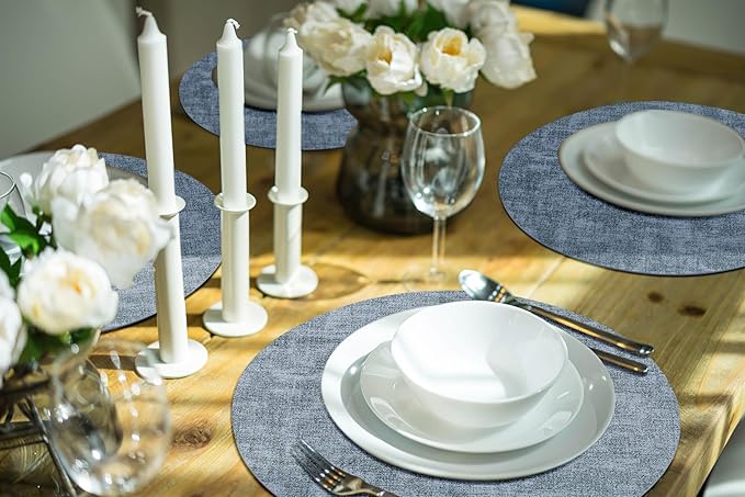 homing Round Faux Leather Placemat and Coaster 6 Packs, Washable Heat Resistant Dining Place Mats, Wipeable Double-Sided Table Mats for Indoor and Outdoor, Diameter 13 and 3.93 inch, Blue