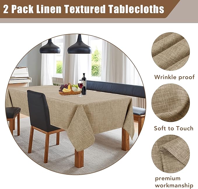 Fitable Faux Linen Table Clothes Rectangle 60 x 120 Inch - 2 Pack Khaki Tablecloths for 8 Foot Tables, Faux Burlap Kitchen Table Covers for Dining, Party, Farmhouse, Banquet, Buffet