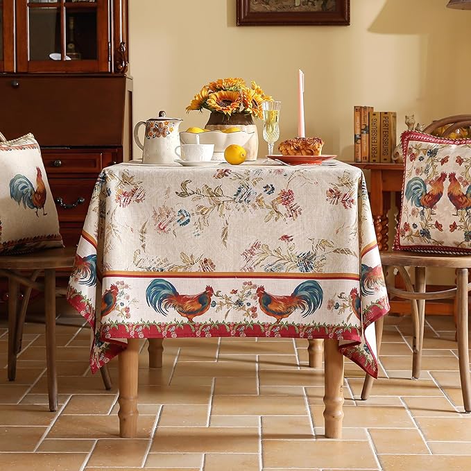 patdrea Designer Red Tablecloth for Rectangle Tables,Vintage Linen with Animals and Flowers Pattern Tablecloths,Farmhouse Floral Table Cover Cloth Decor for Kitchen Dining Christmas,55"*71"