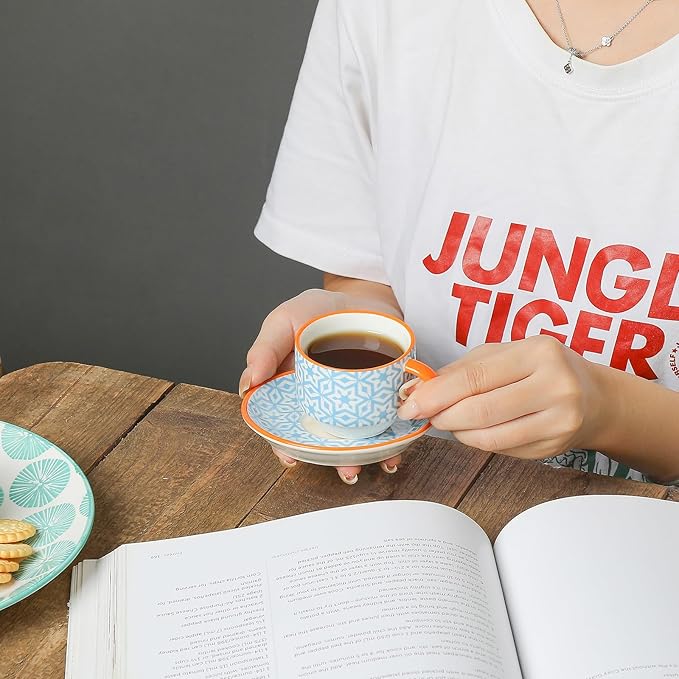 Selamica Ceramic Espresso Cups with Saucers, 2.5 OZ Stackable Demitasse Cups with Metal Stand, Mini Espresso Mugs for Latte Coffee Café Mocha Tea, Set of 6, Assorted Colors