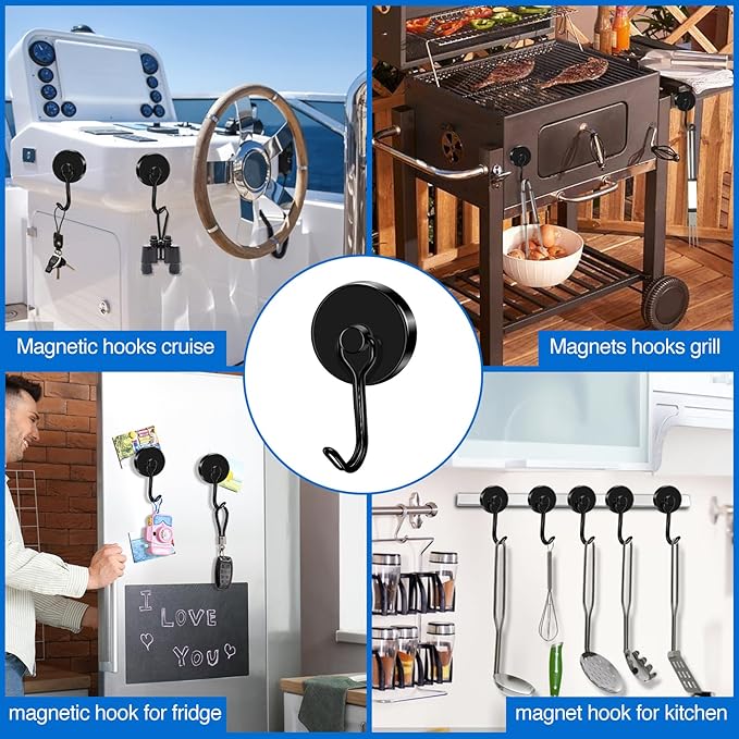 LOVIMAG Hooks, 110lbs+ Magnetic Magnet Hook 2025 Cruise Cabin Ship Essentials Heavy Duty Strong Refrigerator Fridge Hanging for Classroom Beach Vacation Kitchen Grills Home Mug Hanger (6 Pack), Black