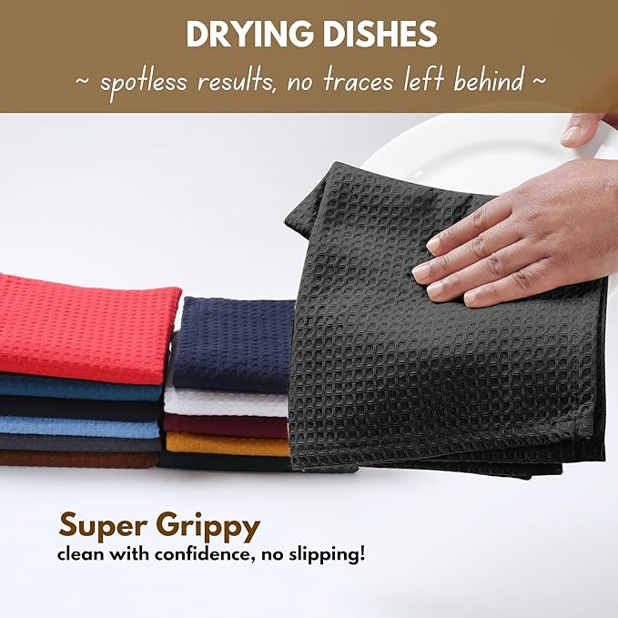 Native Fab 18 Pack Waffle Dish Cloths - 100% Cotton, 12x12 inch, Absorbent, Quick Drying, Washable Towels for Cleaning, Cooking & Baking - Perfect for Home, Restaurants, Bars, Multi Use - Black