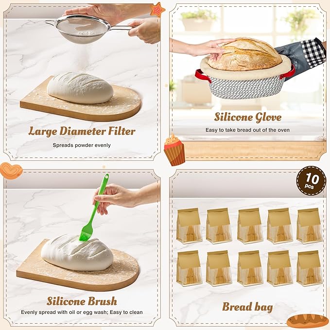 Sourdough Starter Kit, 33 Pcs Sourdough Bread Baking Supplies, 9 10 Inches Round&Oval Cotton Rope Banneton Bread Proofing Basket Set of 2, Beginner Friendly Bread Making Tools with Starter Jar