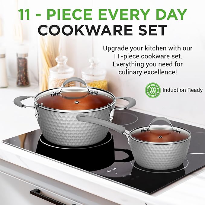 NutriChef 11 Pc Nonstick Cookware - PTFE/PFOA/PFOS Free Kitchenware Pots & Pans Set with Saucepan, Frying Pans, Cooking Pots, Lids, Utensils, Gray