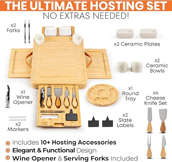 Large Bamboo Charcuterie Boards Gift Set with 4 Hidden Drawers, Cheese Knives, Ceramic Bowls & Plates, Recipe Book, Perfect House Warming Gifts New Home