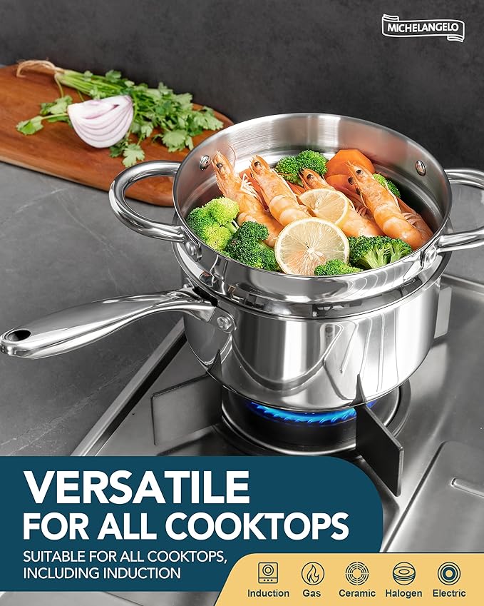 MICHELANGELO Saucepans with Lids & Steamer 7Pcs, Stainless Steel Pot Set with Triply Bottom, 3 Quart Saucepan with Steamer, 18/10 Saucepan Set Induction Compatible - 1QT & 2QT & 3QT