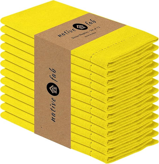 Native Fab Yellow Cloth Napkins, 100% Cotton, Set of 12, Hemstitch Corners, 18x18 inch, Soft, Durable, Reusable, Premium Hotel Quality - Events, Wedding, Table, Dinner Napkins - Lemon Yellow
