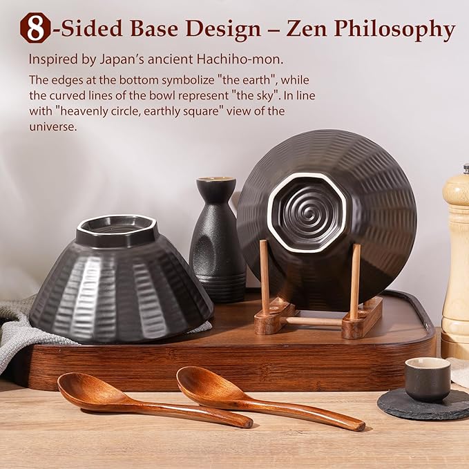 NUTRIUPS Ceramic Ramen Bowl Set of 2 Noodles Bowl with Chopsticks and Spoons, 50oz Large Ramen Bowl- Rusty Red Brown