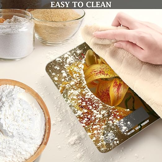 Yellow Lilies Flowers Food Scale Kitchen Digital Scale Food Ounces and Grams Dieting Baking Cooking Waterproof Glass Panels LCD Display,4 Units Tare Function