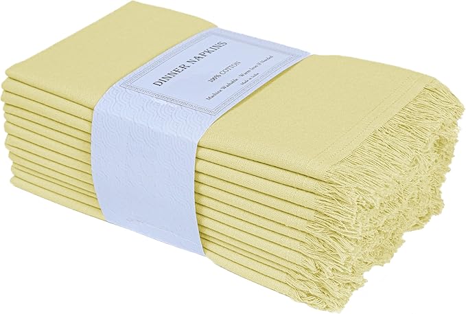 Bedding Craft Cotton Cloth Dinner Napkins Set of 12 – 18x18 French Vanilla Light Yellow with Fringed Corners – Machine Washable Fabric Napkins for Weddings, Baby Showers & Table Décor