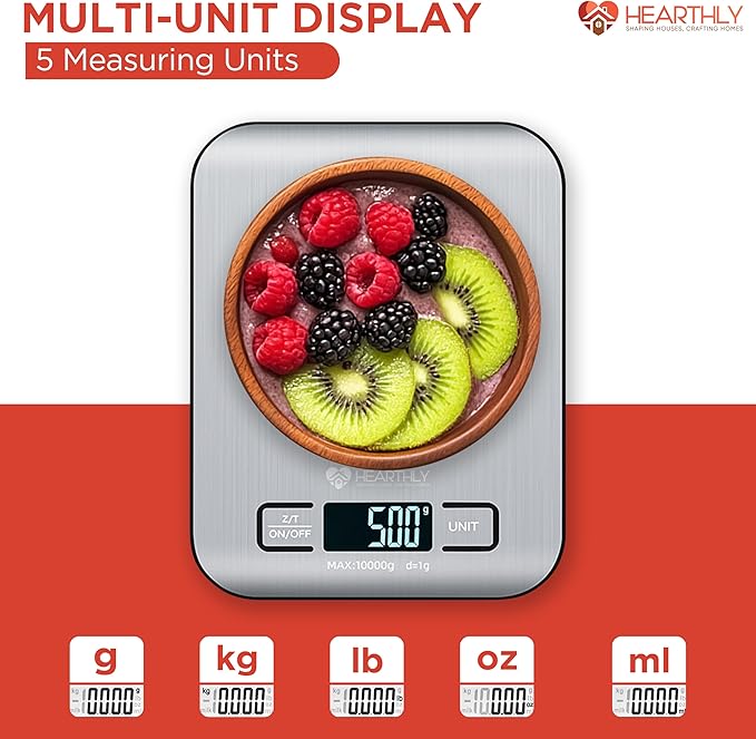 Food Scale| Digital Kitchen Scale for Cooking and Baking, Batteries Included, Weighs up to 22 pounds, Kitchen Scales Digital Weight Grams and Ounces, 304 Stainless Steel - Silver Grey