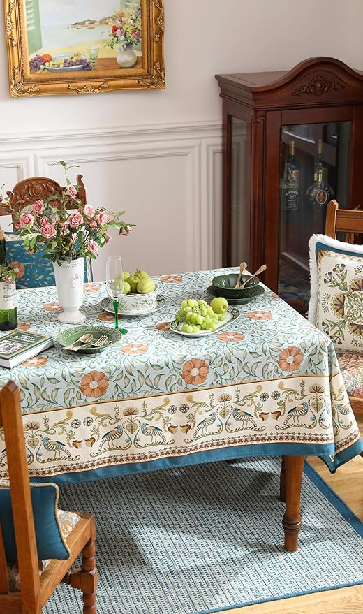 patdrea Designer French Linen Blue Tablecloth for Rectangle Table,Vintage Floral Table Cloth,Colorful Decoration Fall Cover Kitchen Dining for Thanksgiving,Christmas,67"x118"-Wensel