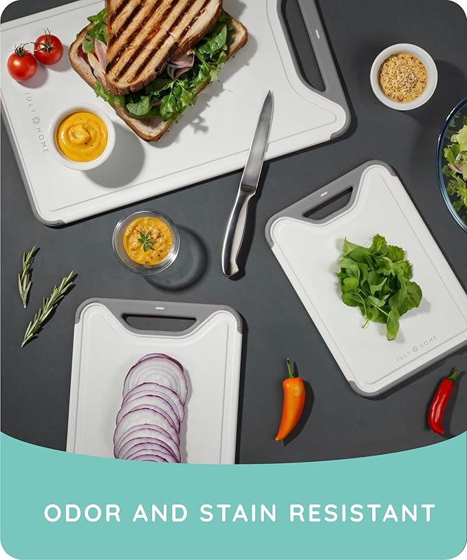 Cutting Boards for Kitchen, Plastic Cutting Board Set of 3, Dishwasher Safe Cutting Boards with Juice Grooves for Meat, Veggies, Fruits, Easy Grip Handle, Serveware Accessories (Gray)