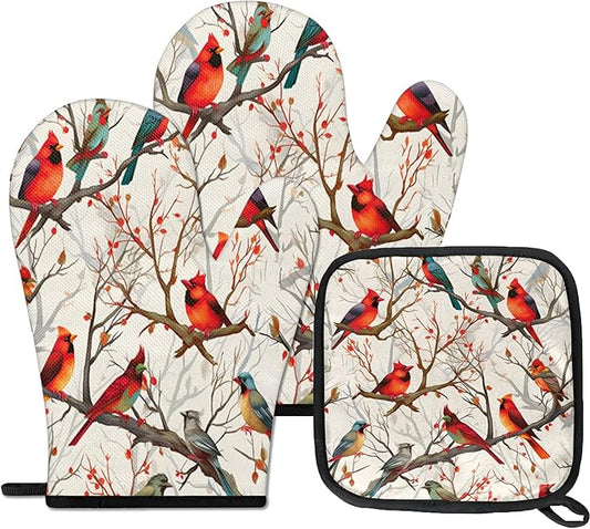 Oven Mitts Pot Holders Set 3 for Kitchen, Christmas Cardinal Insulation Oven Gloves Heat Resistant Pot Pads Cook Essentials Accessories for BBQ Baking Cooking Kitchen Decor Gifts for Women