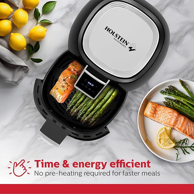 Holstein Housewares 3.7QT Digital Air Fryer. Hot Air Technology & PFOA Free Non Stick Coating for Less Oil Use with Led Display. 7 preset options, Air Fry, Bake, Grill, Dehydrate & roast. Black