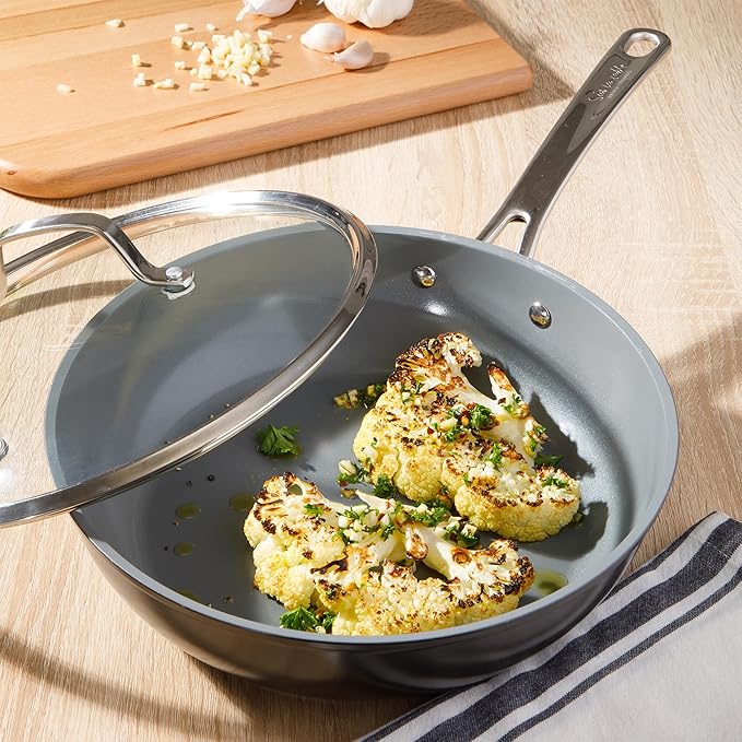 Sur La Table Kitchen Essentials Cool Commune Hard Anodized 10 Piece PFA Free Ceramic Non stick Interior Forged Durable Aluminum Pots and Pans Cookware Set - Black - Induction Compatible