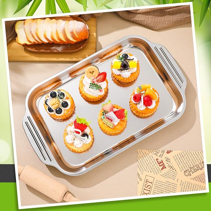 2 Pcs Stainless Steel Baking Sheet Nonstick Cookie Pan Rectangle Bakeware Cookie Sheets Oven Pan for Fish Cakes Breads Casseroles Vegetables (Handle, 16" x 9" x 1.2")