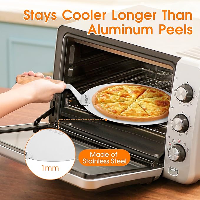12 Inch Stainless Pizza Peel with Pizza Cutter, Pizza Spatula with Ergonomic Long Wood Handle for Pizza Oven Baking, Turing Peel for Pizza, Dough, Bread Pastry