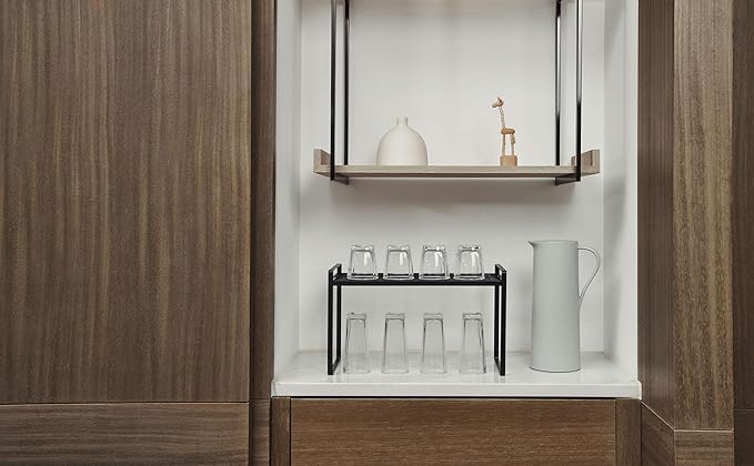 2Pack Kitchen Cabinet Shelf Counter Organizer Rack Pantry Storage Bathroom Bedroom Office Table Desk Space Saving Stackable Rust Resistant Non Slip Black Tall Wide L16.1in W10.6in H9.5in