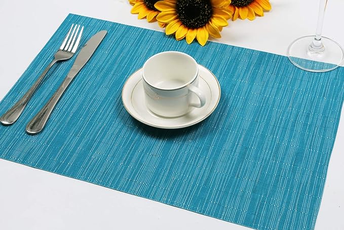 SHACOS Woven Vinyl Placemats Set of 6 Wipe Clean Wasahble Place Mats for Dining Table Heat Resistant Non Slip Table Mats (6, Teal Blue)