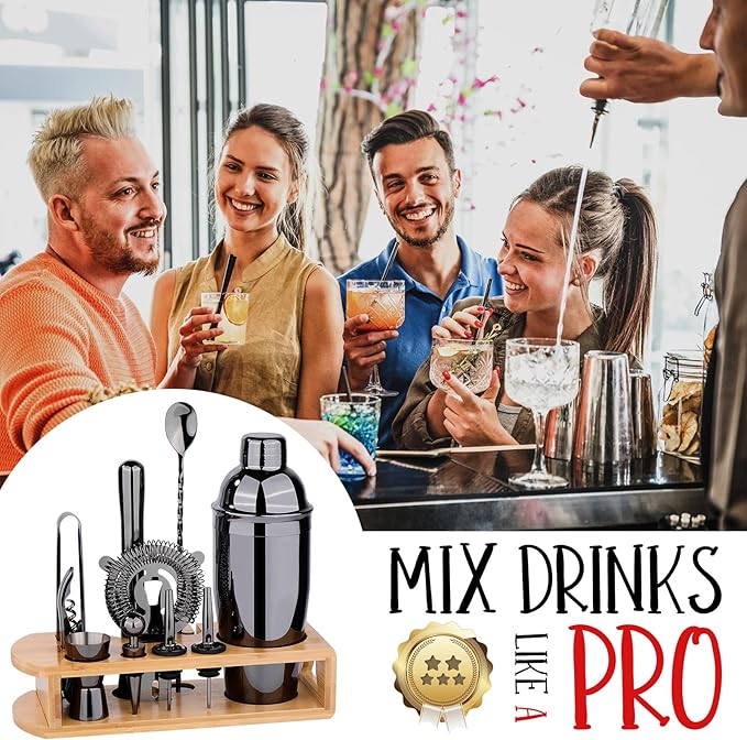 Cocktail Shaker Set Bartender Kit : 12-Piece Bar Tool Set with Bamboo Stand | Bar Set with All Practical Bar Accessories, for Drink Mixing, Bar, Home, Lounge & Party (Titanium Grey)