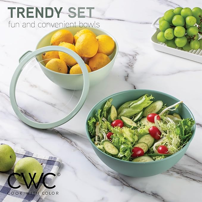 COOK WITH COLOR Mixing Bowls with Non Slip Bottom - 12 Piece Plastic Nesting Bowls Set includes 6 Prep Bowls and 6 Tritan Lids - Microwave Safe (Sage)