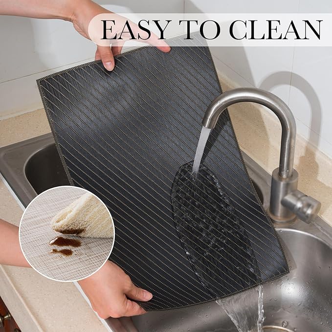 BACKTOEDEN Placemats Set of 6 Heat Resistant Washable Wipeable Placemat Woven Non-Slip Foldable Vinyl/Plastic Place Mats Indoor/Outdoor Mat Kitchen Dining Table Pad, Black Twill