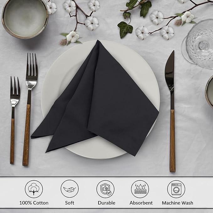 Ruvanti Cloth Napkins Set of 12, 18x18 Inches, 100% Cotton, Washable, Soft & Absorbent, Perfect for Wedding, Christmas, ‎Thanksgiving Dinners - Black Beauty