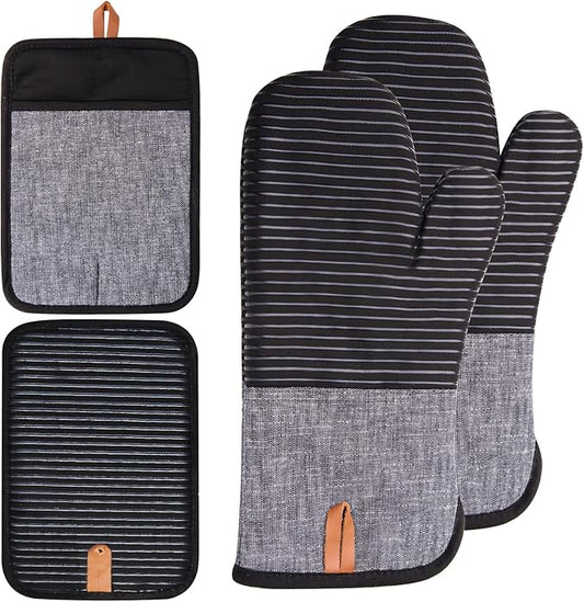 4PCS TIPTAP Oven Mitts, Kitchen Oven Mitts Set, Non Slip Cotton Oven Mitt and Pot Holders,Heat Resistant, Machine Washable,2 Long Mit and 2 Pot Holder(Black)