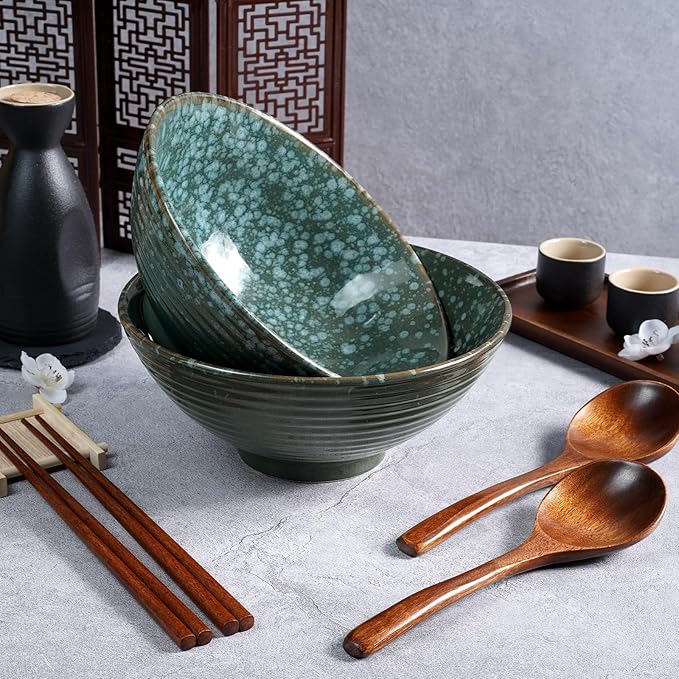 NUTRIUPS 8 Inch Ceramic Ramen Bowl Set of 2 Pho Bowls Japanese Noodle Udon Soup Bowls with Spoons and Chopsticks (Emerald)