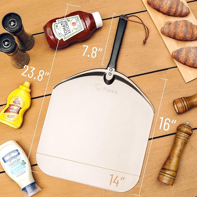 Q Pizza Aluminium Pizza Peel 14 inch, Extra Large Metal Pizza Turning Paddle, Non-stick Pizza Spatula for ooni Grill Oven Baking Bread Pastry Dough Pie Cake, PT205