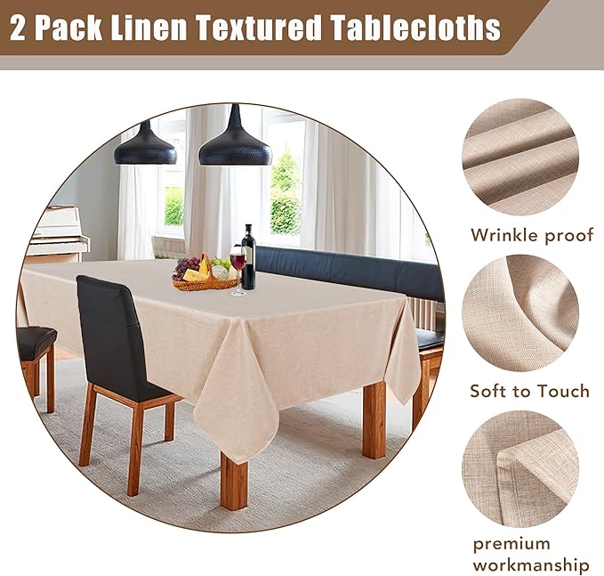 Fitable Faux Linen Beige Table Clothes 60 x 84 Inch - 2 Pack Neutral Tablecloths for Rectangle Tables, Faux Burlap Table Covers for Kitchen Dining, Wedding, Party, Farmhouse, Outdoor Picnic