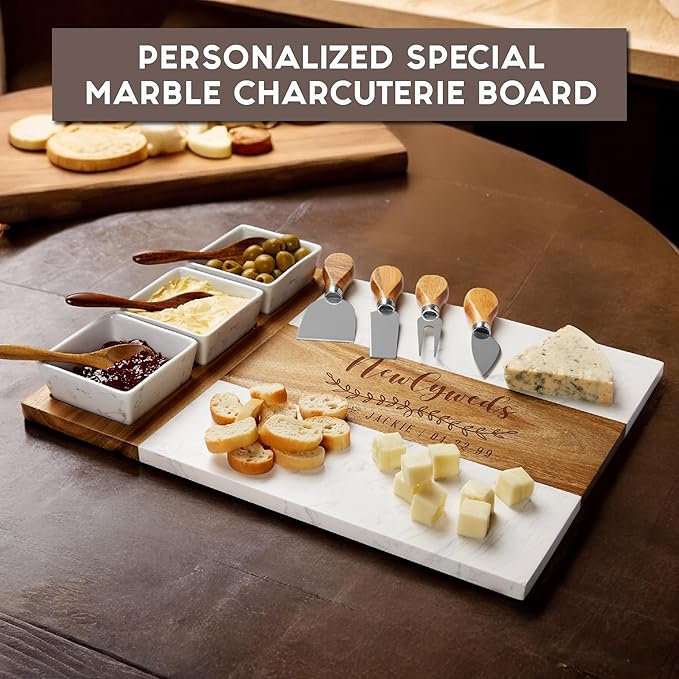 Personalized Marble Wood Charcuterie Board,Custom Laser Engraved Cheese Serving Board with Knife Set, Ceramic Bowls,Wooden Spoons,Cheese Platter,Serving Tray,Cutting Board,Charcuterie Boards Gift Set