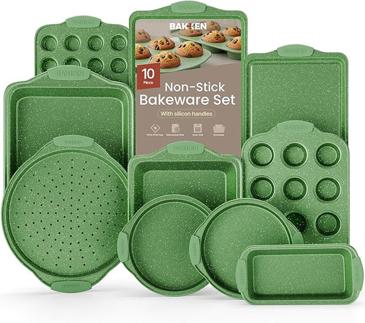 BAKKEN Kitchen Baking Pan Set - Nonstick Green Marble Coating, Carbon Steel Bakeware Sets with Green Silicone Handles, Kitchen Essentials, PFOA, PFOS, PTFE Free, Oven Safe (Up To 450° F), Set of 10