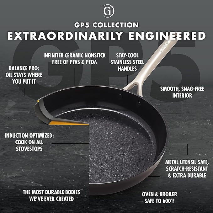 GreenPan GP5 Hard Anodized Healthy Ceramic Nonstick 10" Frying Pan Skillet, Heavy Gauge Scratch Resistant, Stay Flat Surface, Induction, Mirror Finish Handle,Oven Safe, PFAS-Free, Black