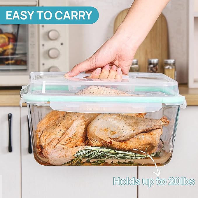 Vtopmart 6.5L/ 220oz/ 27.5cup Extra Large Glass Food Storage Containers with Snap Airtight Lids for Roasting Turkey, Chicken, Baking Casserole, Fruits, Party, BPA Free, Oven Safe, Freezer, Dishwasher