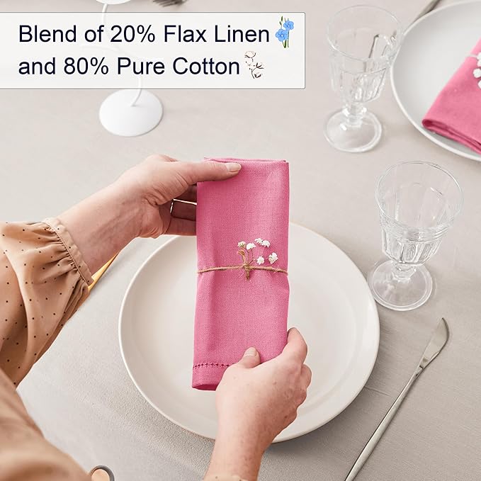 Ruvanti Premium Linen Napkins Set of 12-20x20 Inch, Classic Hemstitch, Mitered Corner Cloth Napkins ‎‎- Soft, Elegant Dinner Napkins Cloth Washable for Weddings, Parties, Everyday Use - Pink
