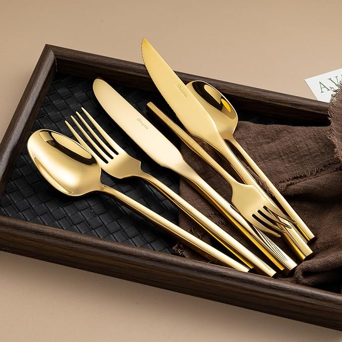 Gold Silverware Set with Steak Knives,Zerophilo Flatware Set with Hexagon Handle 24 Pieces 18/0 Stainless Steel Mirror Polished Cutlery Set for 4,Dishwasher Safe