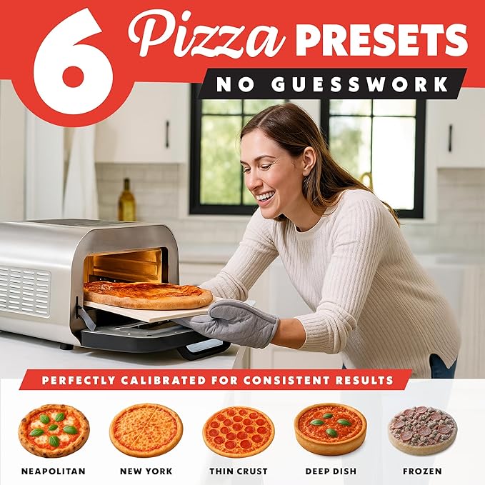Gourmia Indoor Pizza Oven Air Fryer Toaster – 1800W Countertop Multi-Cooker with Pizza Stone, Digital Controls & 6 Presets, Stainless Steel